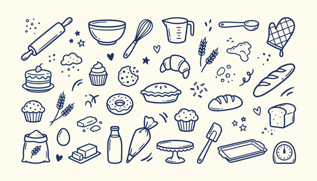 Hand drawn baking and pastry doodle set. Sketch cooking tools, rolling pin, cake, muffin, bread and pie outline vector illustration.