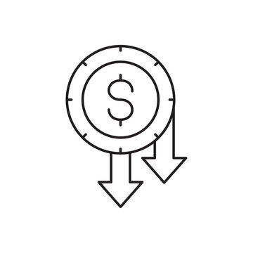 Dollar coin down arrow icon vector for financial planning investment loss market decrease business decline price drop cost reduction economic recession money management