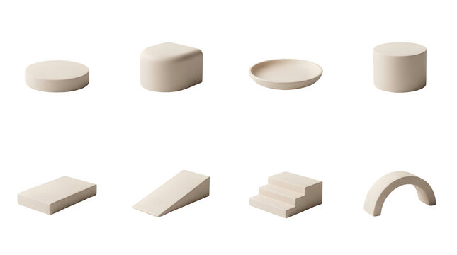 Beautiful beige podium set with 8 geometric 3D shapes. Neutral stone product display pedestals. Modern architectural stage elements.