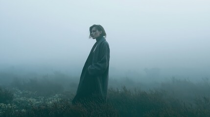 Obraz premium Woman in a long coat standing in a foggy field during twilight with a contemplative mood and atmospheric lighting