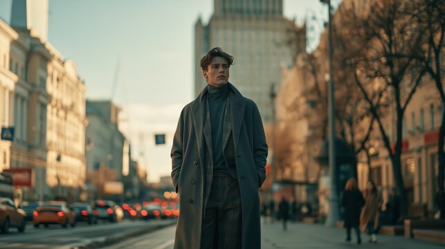 Young man in stylish coat walking on city street during golden hour with urban background