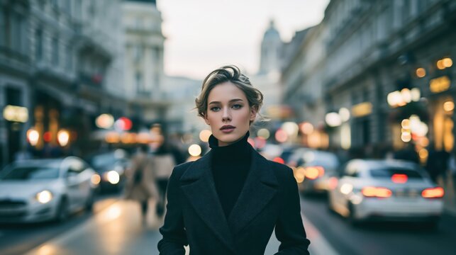 Elegant woman walks through a city street at dusk with bokeh lights creating a sophisticated urban atmosphere
