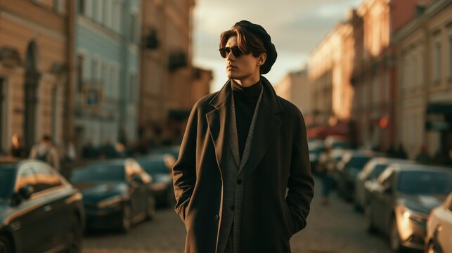 Stylish young man in a trench coat and beret walks confidently down a sunlit European street during golden hour