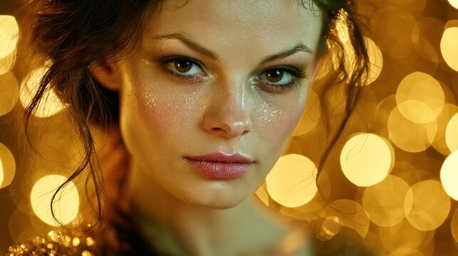 Young Woman's Face with Glitter and Bokeh Lights During Celebration