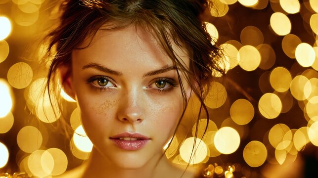 Young woman's portrait with soft bokeh lights in background during evening celebration