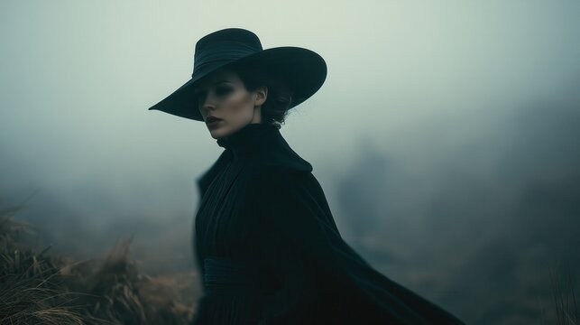 Elegant woman in wide-brimmed hat walking through misty field with selective focus and dramatic lighting