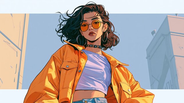 Young woman with windswept hair and sunglasses wearing an orange jacket with a casual urban background during daylight
