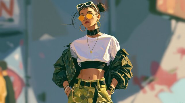 Stylish young woman in urban street style attire with sunglasses and jewelry stands confidently against a graffiti-covered wall during daytime