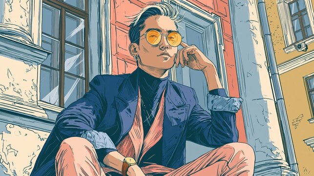 Young Asian man with stylish glasses and suit sitting outdoors in urban setting with soft lighting and comic book art style
