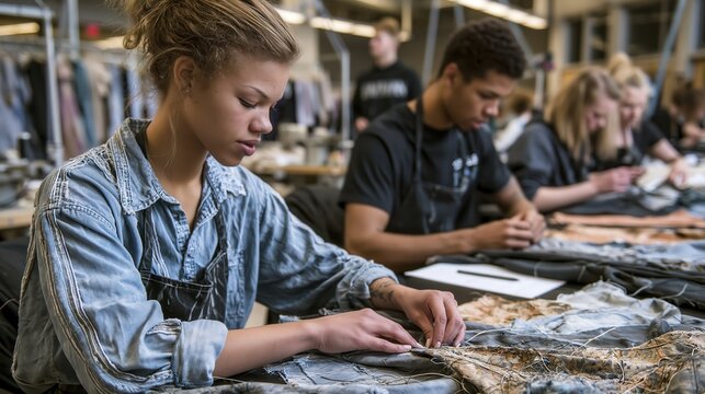 Young woman intently sewing denim fabric in a busy workshop with others focused on tailoring projects