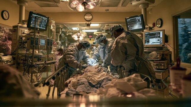 Surgeons performing complex operation in a modern hospital operating room with advanced medical equipment during day