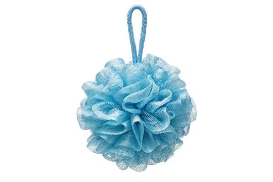 Light blue mesh bath sponge with a hanging loop for showering and exfoliating skin isolated on a transparent background