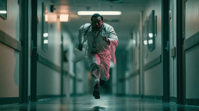 Doctor sprinting down sterile hospital corridor with urgent expression during emergency situation