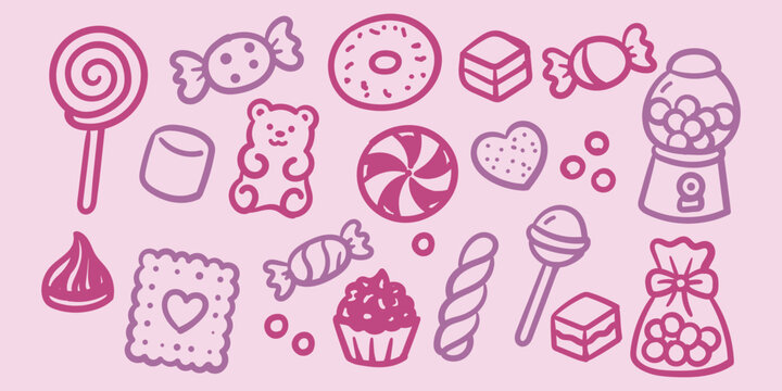 Candy and Sweets Hand Drawn Doodle Set, Cute Pink Confectionery Collection with Lollipops, Wrapped Candies, Gummy Bear, Donuts, Cupcake, Chocolate, Cookies, Marshmallows and Sweet Treats