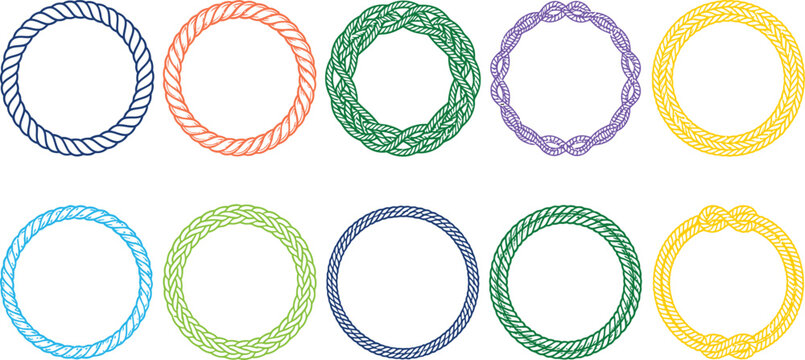 Set of colorful rope circle frames and braided borders Vector