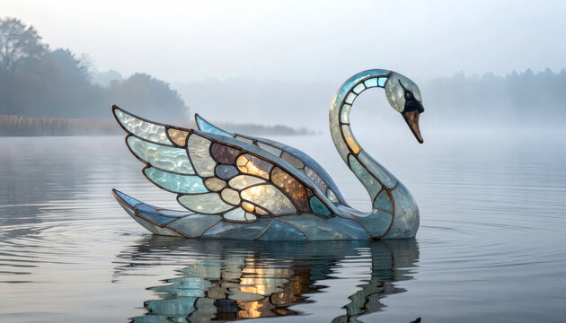 Glass Swan Sculpture on a Misty Lake