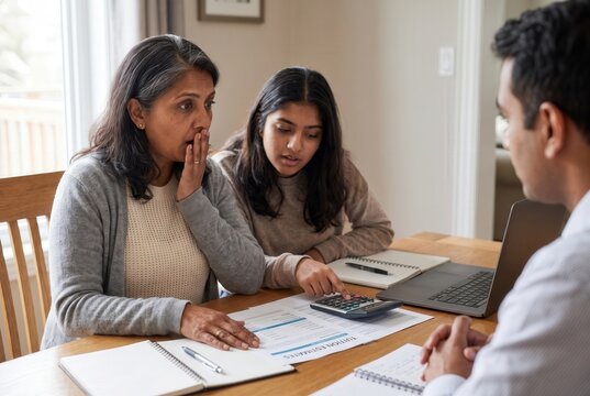 Indian mother shocked by college tuition costs while daughter calculates with financial advisor