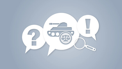 Obraz premium Conceptual image representing military law, justice in war, and international humanitarian law with a tank, scales, question mark, exclamation mark, and a magnifying glass.