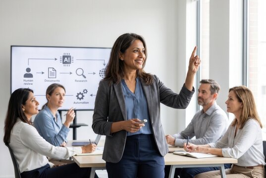 Businesswoman presenting ai automation and research concepts to colleagues in an office meeting room