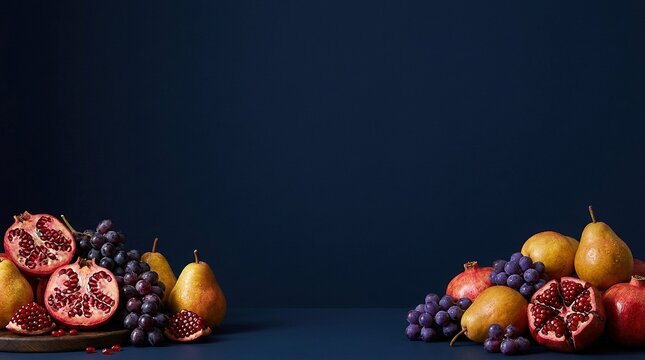 Still life composition of fresh pomegranates, pears and grapes on a dark blue background