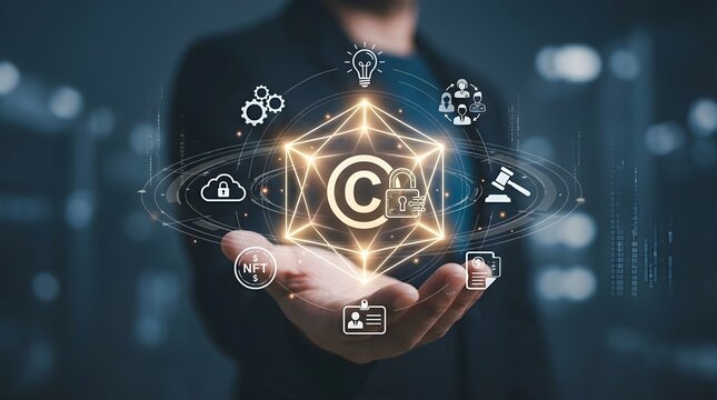 Businessman holding digital copyright icon for intellectual property protection and legal rights