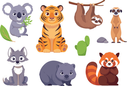 Cute Wild Animal Cartoon Character Vector Set Featuring Adorable Tiger Koala Sloth Red Panda Wolf Wombat and Meerkat for Kids Nursery Graphic Designs