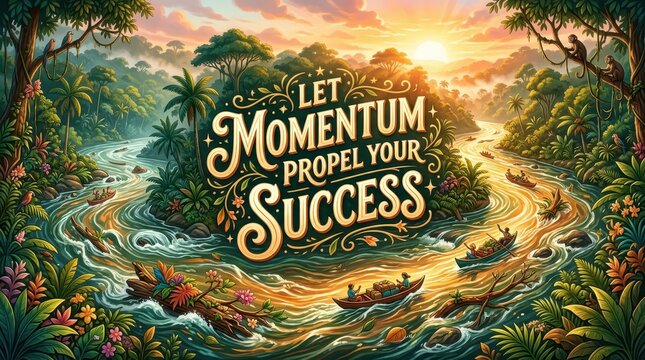 Inspirational text art "Let Momentum Propel Your Success" above a vibrant, winding river in a lush, tropical rainforest with people in canoes navigati