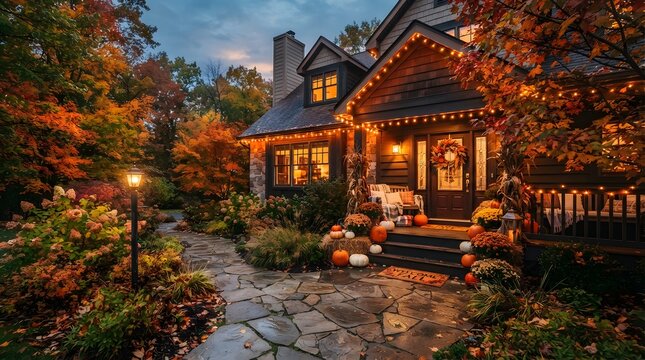 Beautiful house decorated for autumn with pumpkins and fall foliage in the garden