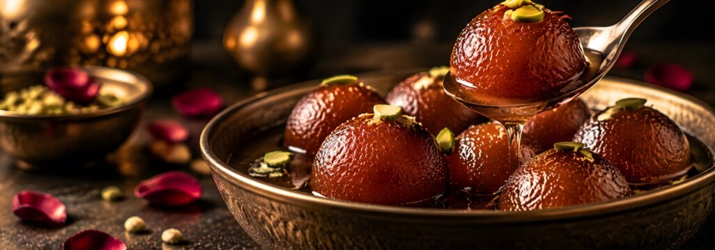 Traditional gulab jamun in syrup, Indian dessert with pistachios and rose petals, sweet fried dough balls in golden bowl