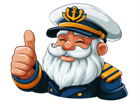 cheerful sea captain wearing a peaked cap and uniform showing a thumbs up gesture,  cartoon illustration of a friendly old sailor with white beard isolated on a clean white background