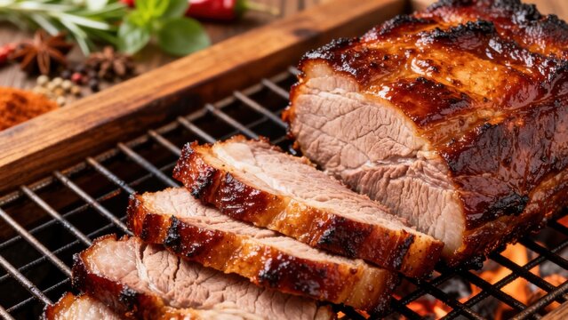 Ugandan grilled pork, with a smoky char and spicy marinade, served with matooke and groundnut sauce, on a rustic wooden platter, representing a traditional East African barbecue delicacy