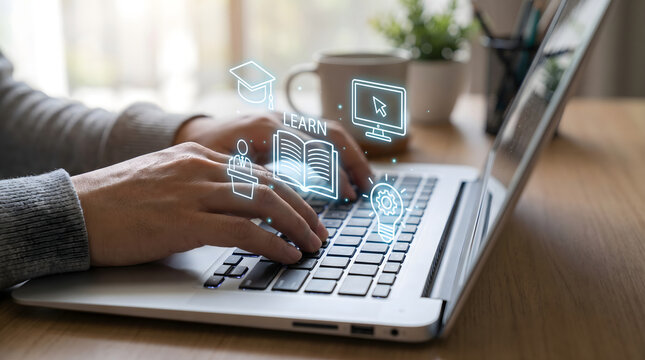 Person using laptop computer with floating elearning icons representing online education online courses and distant learning concepts