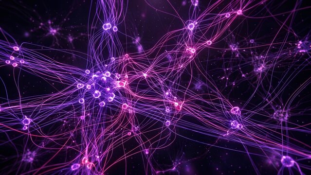 Abstract digital art illustration of glowing interconnected neurons in shades of purple and pink