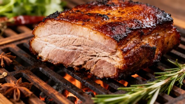Ugandan grilled pork, with a smoky char and spicy marinade, served with matooke and groundnut sauce, on a rustic wooden platter, representing a traditional East African barbecue delicacy