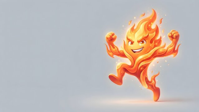 Energetic cartoon fire character with arms raised in a triumphant pose