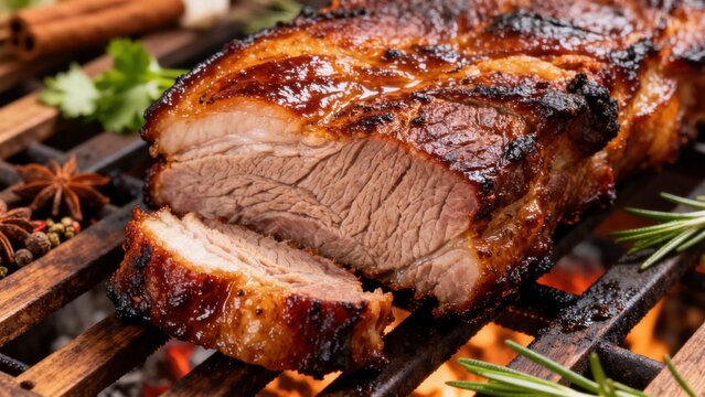 Ugandan grilled pork, with a smoky char and spicy marinade, served with matooke and groundnut sauce, on a rustic wooden platter, representing a traditional East African barbecue delicacy