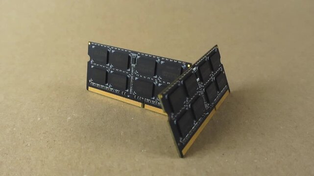 Two black SODIMM random access memory modules for a laptop computer rotating in a seamless loop on a light brown background, displaying the electronic components, chips, and circuits