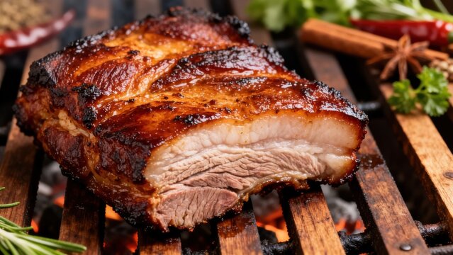 Ugandan grilled pork, with a smoky char and spicy marinade, served with matooke and groundnut sauce, on a rustic wooden platter, representing a traditional East African barbecue delicacy