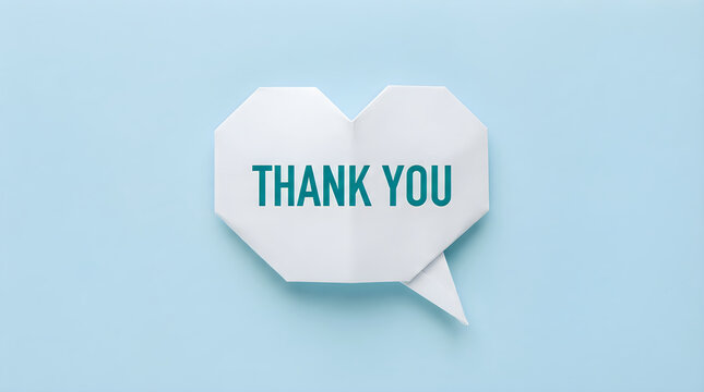 Origami heart shaped speech bubble with the text thank you on a light blue background