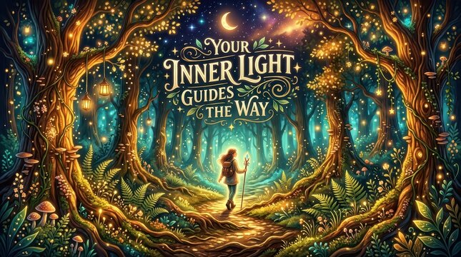 Magical Enchanted Forest Pathway with Traveler Guided by Inner Light and Mystical Glowing Lights Under a Crescent Moon