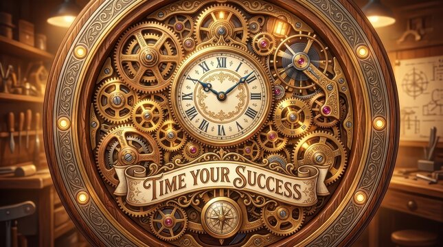 Intricate steampunk clock with complex gears and Roman numerals, featuring a banner that reads "Time Your Success", symbolizing ambition and achieveme