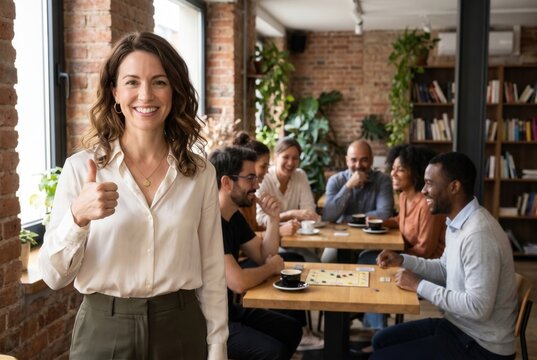 Smiling businesswoman giving thumbs up with diverse coworkers enjoying coffee break in a cafe