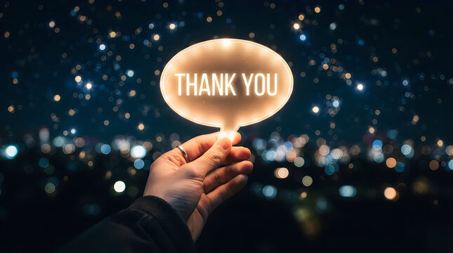 Person holding glowing speech bubble sign with thank you text against starry night sky background with city lights bokeh