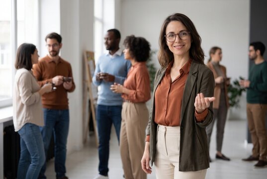 Confident businesswoman inviting, leading diverse team in modern office space