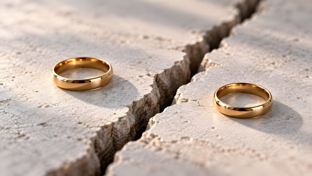 Two Gold Wedding Rings Separated by Deep Crack in Stone Representing Divorce and Relationship Breakdown