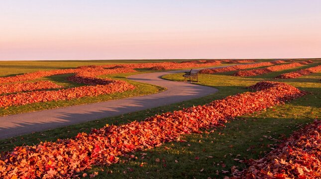 Raked Autumn Leaf Windrows and Cast Iron Bench