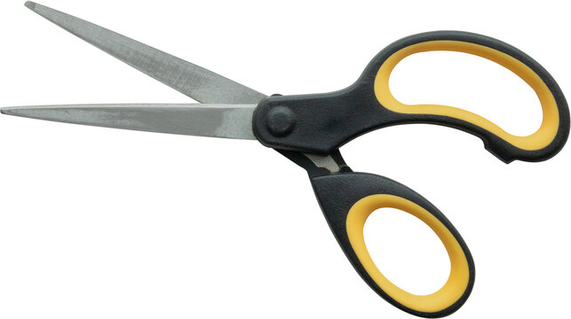 Black and yellow stationary scissors isolated on white background