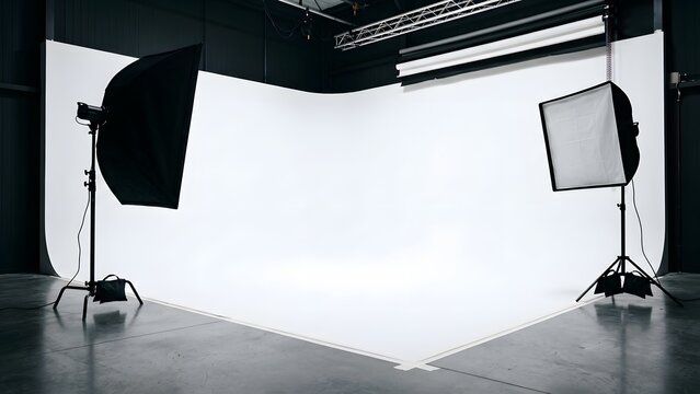 Professional photography studio with white cyclorama background and lighting equipment
