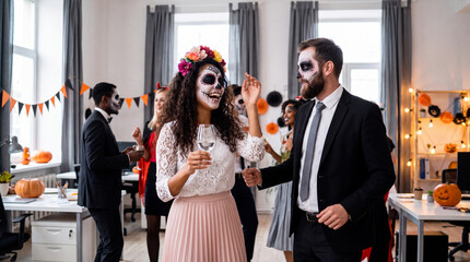 Naklejka premium Group of people in Halloween costumes celebrating with face paint and decorations in a modern office space during a festive party