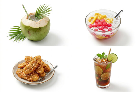 Set of refreshing Thai tropical coconut, ruby dessert tub tim krob, banana fritters and iced lime tea